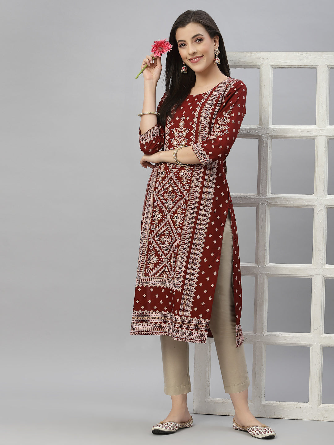 Juniper Maroon LIVA Festive Placement Print Straight Kurta For Women