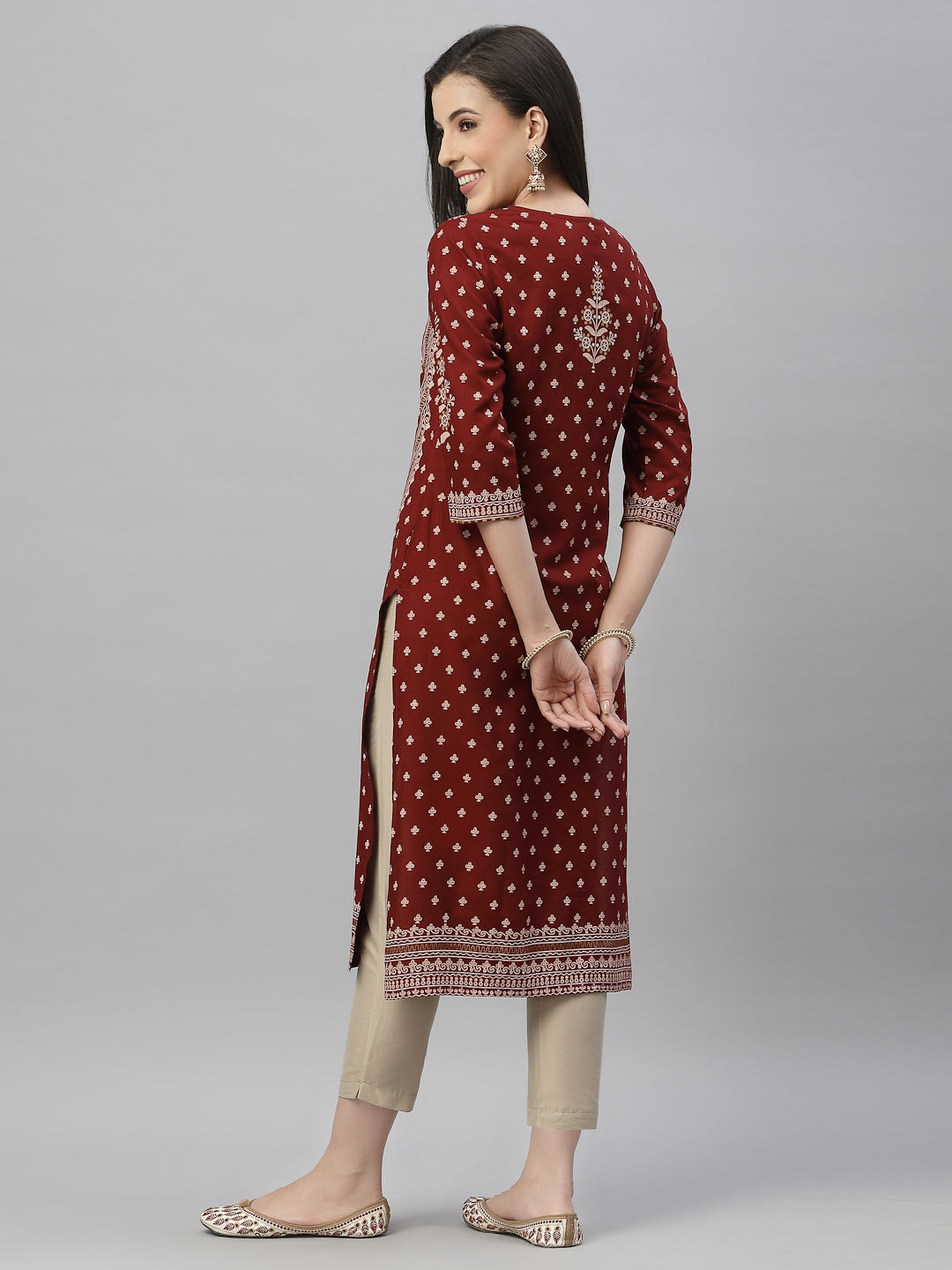 Juniper Maroon LIVA Festive Placement Print Straight Kurta For Women