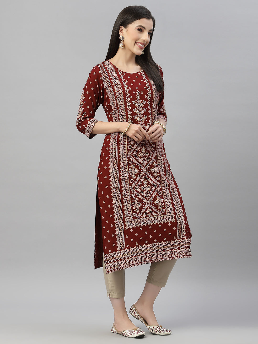 Juniper Maroon LIVA Festive Placement Print Straight Kurta For Women