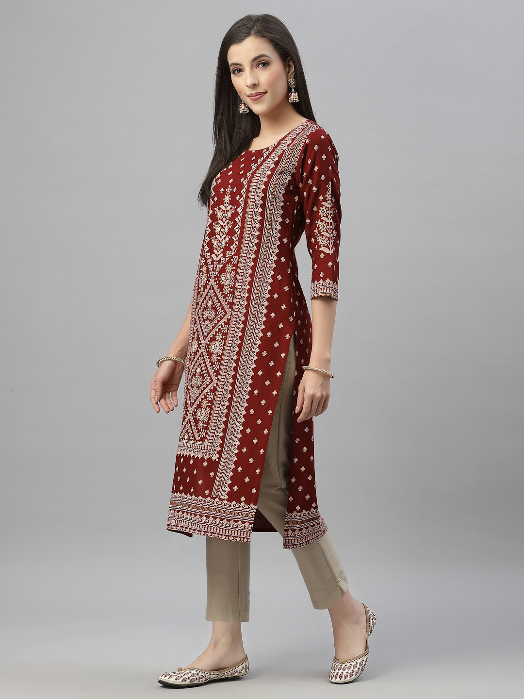 Juniper Maroon LIVA Festive Placement Print Straight Kurta For Women
