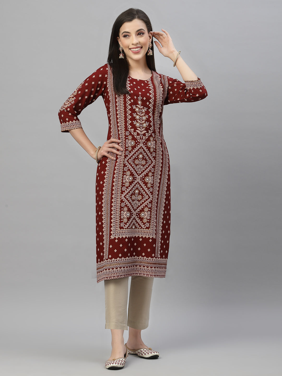Juniper Maroon LIVA Festive Placement Print Straight Kurta For Women