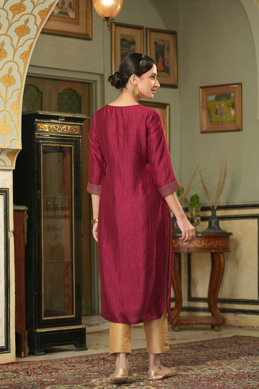 Juniper Maroon Silk Festive Embroidered Straight Kurta For Women