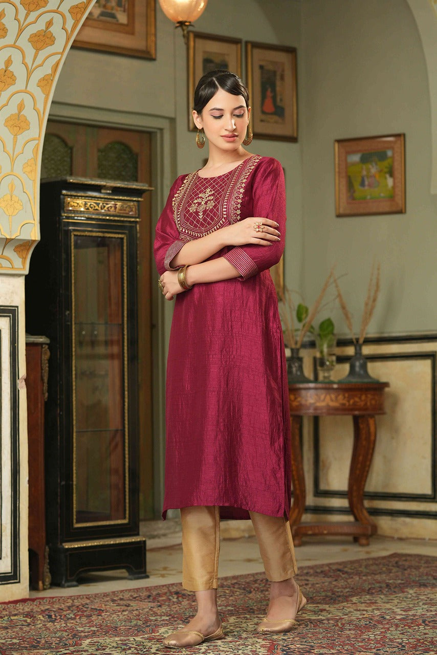 Juniper Maroon Silk Festive Embroidered Straight Kurta For Women
