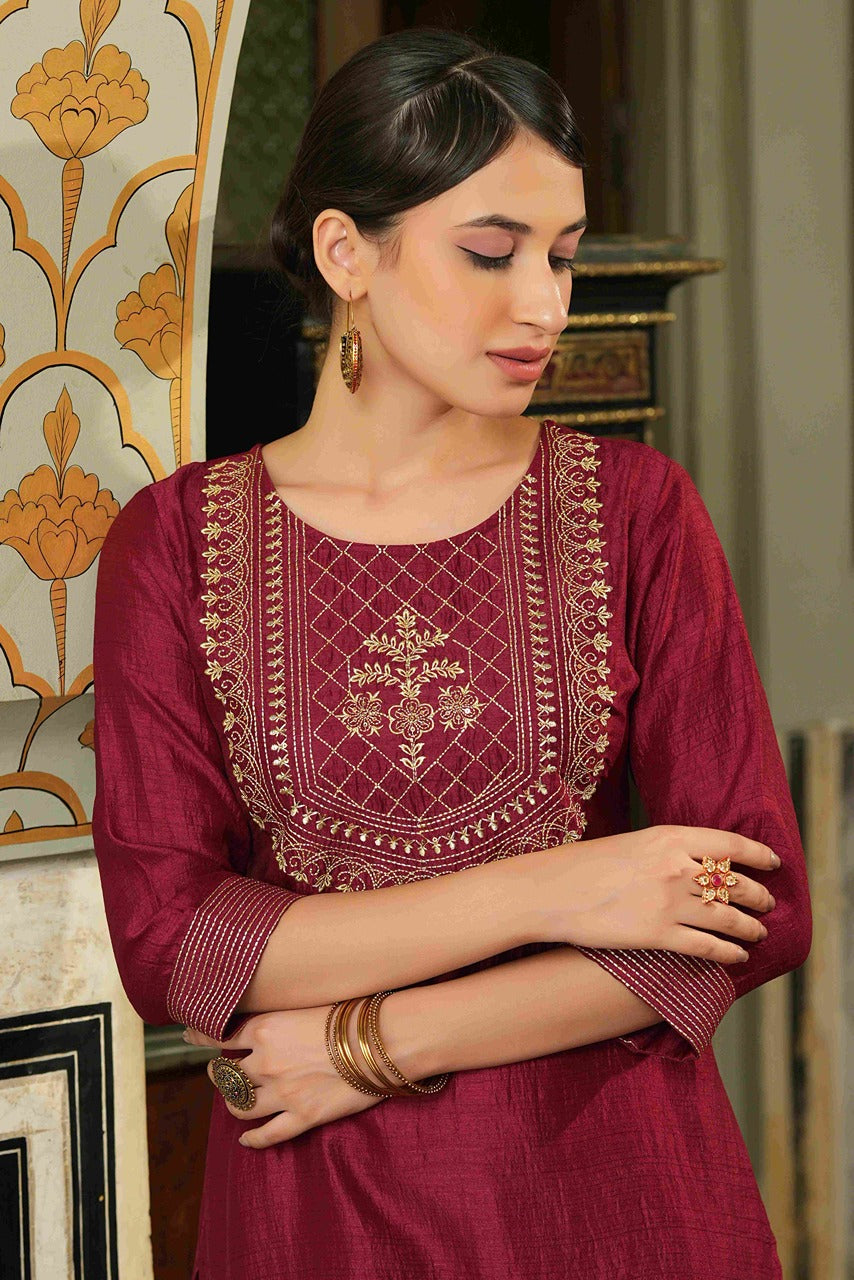 Juniper Maroon Silk Festive Embroidered Straight Kurta For Women