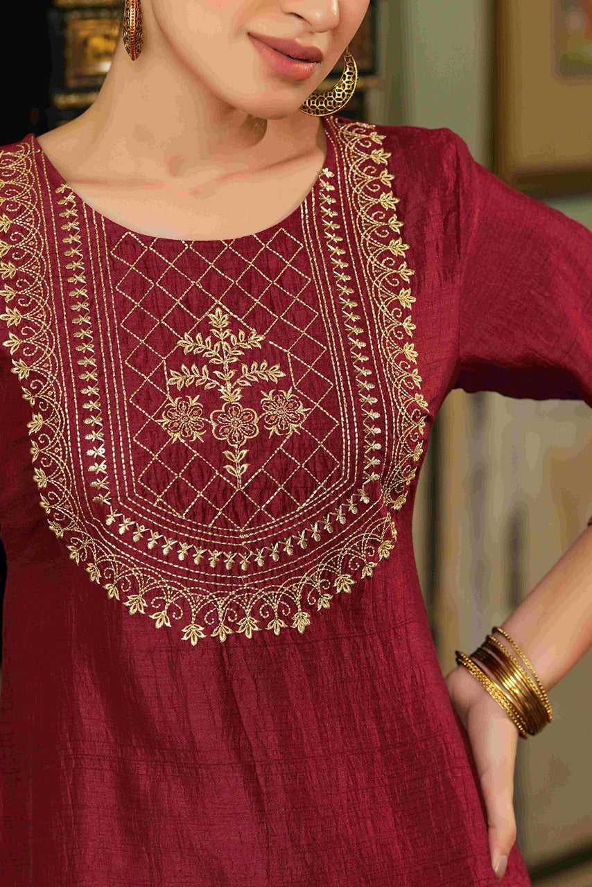 Juniper Maroon Silk Festive Embroidered Straight Kurta For Women