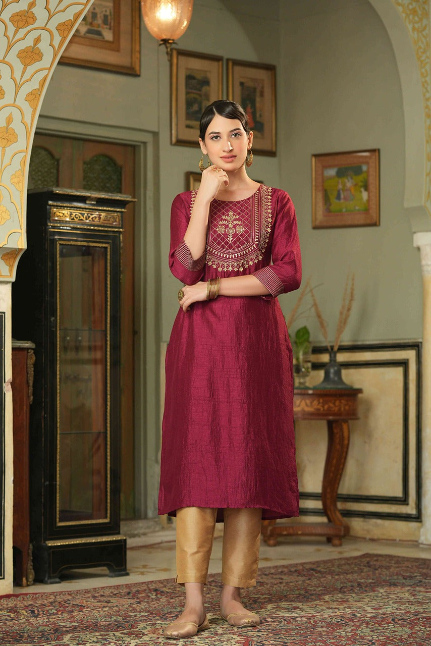 Juniper Maroon Silk Festive Embroidered Straight Kurta For Women
