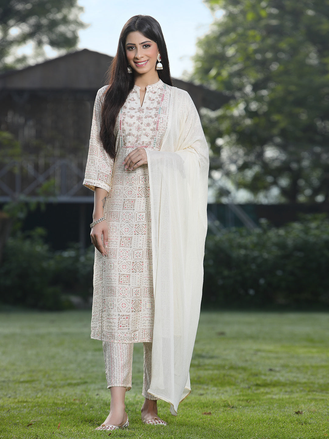 Juniper Off-White Geometric Printed Viscose Muslin Kurta Pants & Dupatta Set With Mirror Work Embroidery.