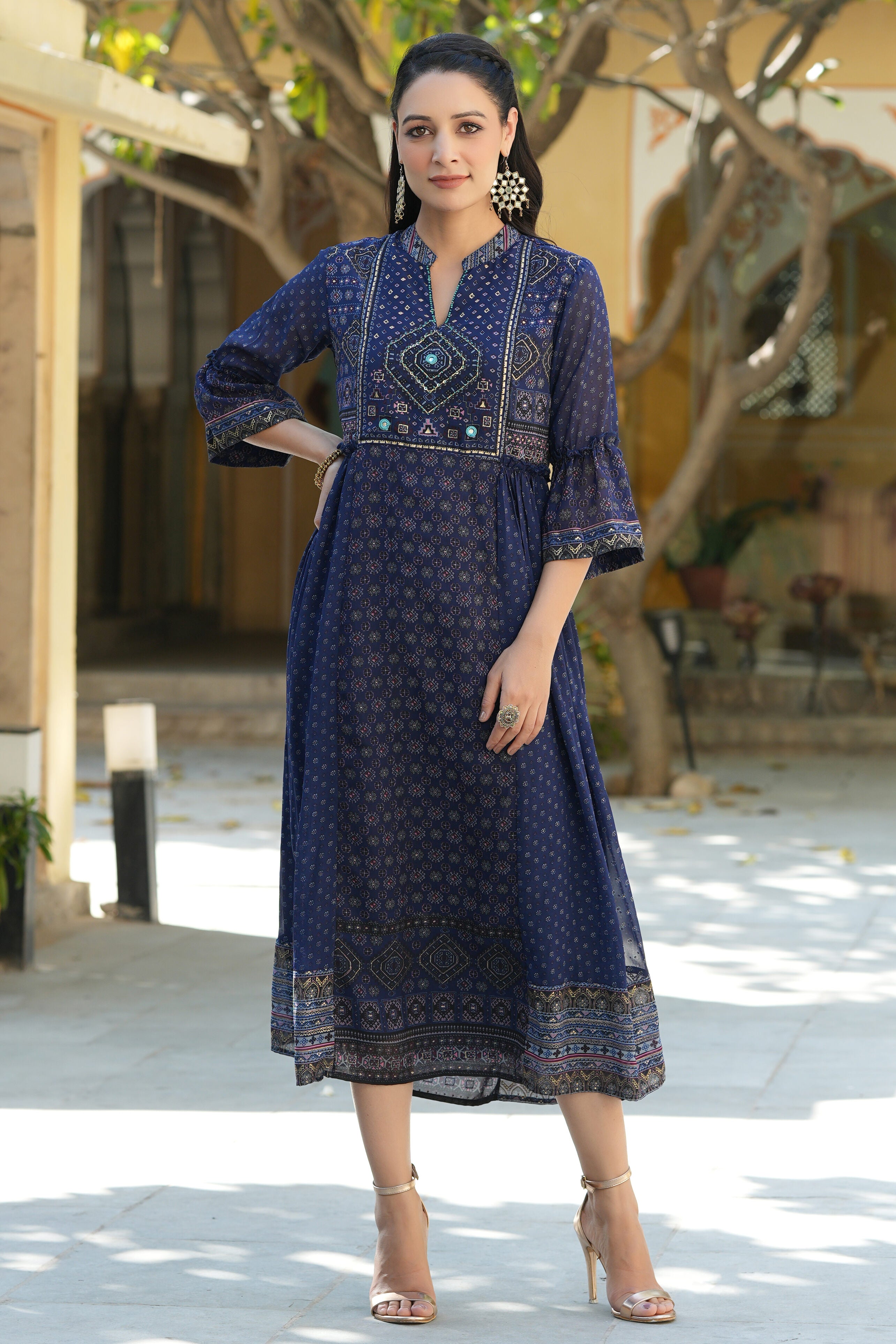 Juniper Indigo Georgette Festive Printed Flared Dress For Women