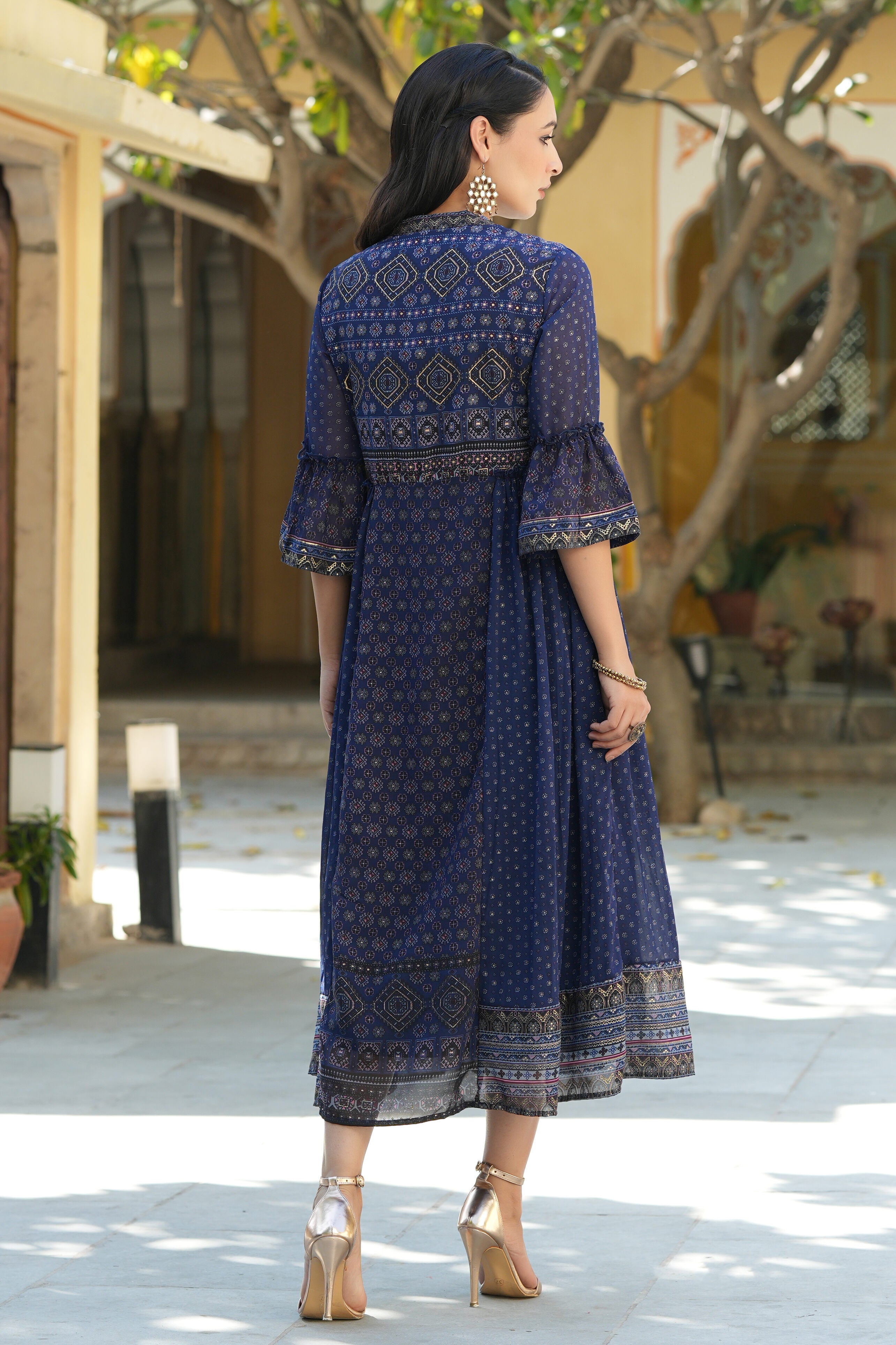 Juniper Indigo Georgette Festive Printed Flared Dress For Women