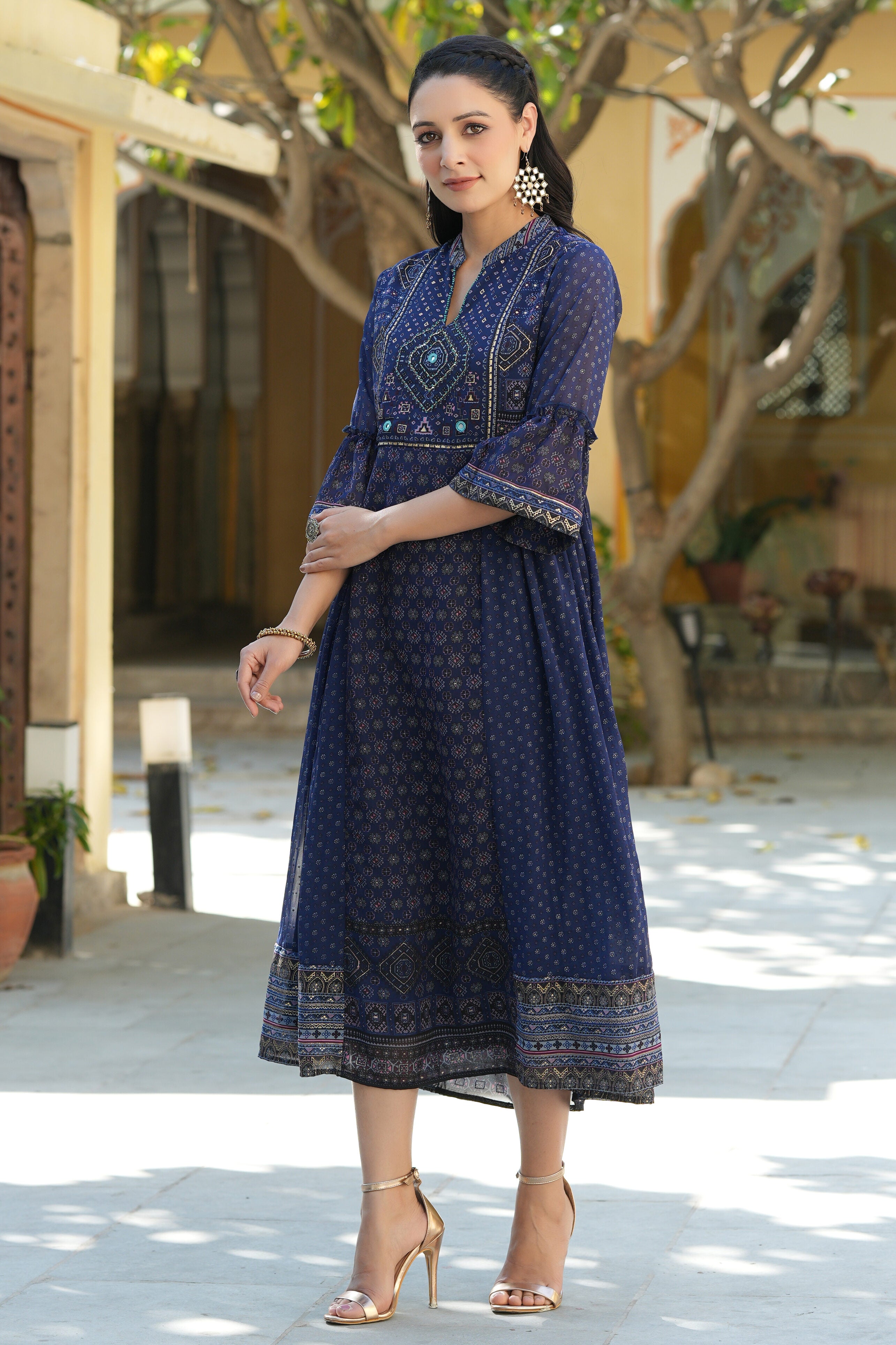 Juniper Indigo Georgette Festive Printed Flared Dress For Women