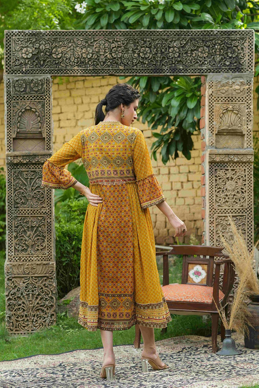 Juniper Mustard Georgette Festive Printed Flared Dress For Women