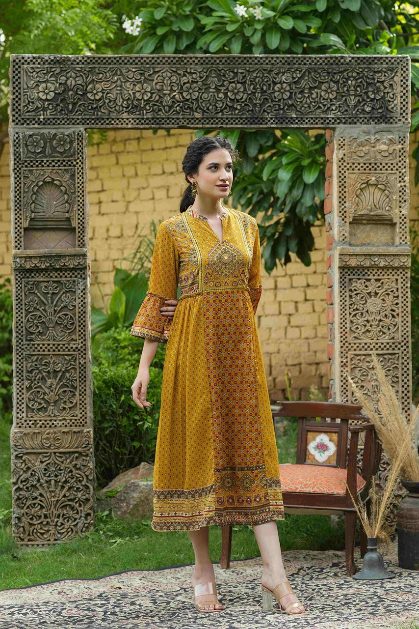 Juniper Mustard Georgette Festive Printed Flared Dress For Women