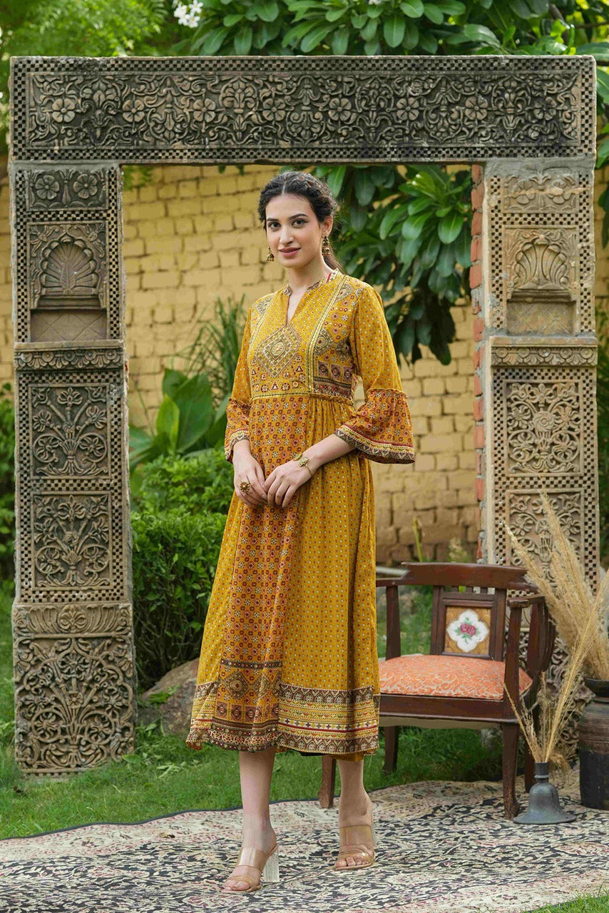 Juniper Mustard Georgette Festive Printed Flared Dress For Women