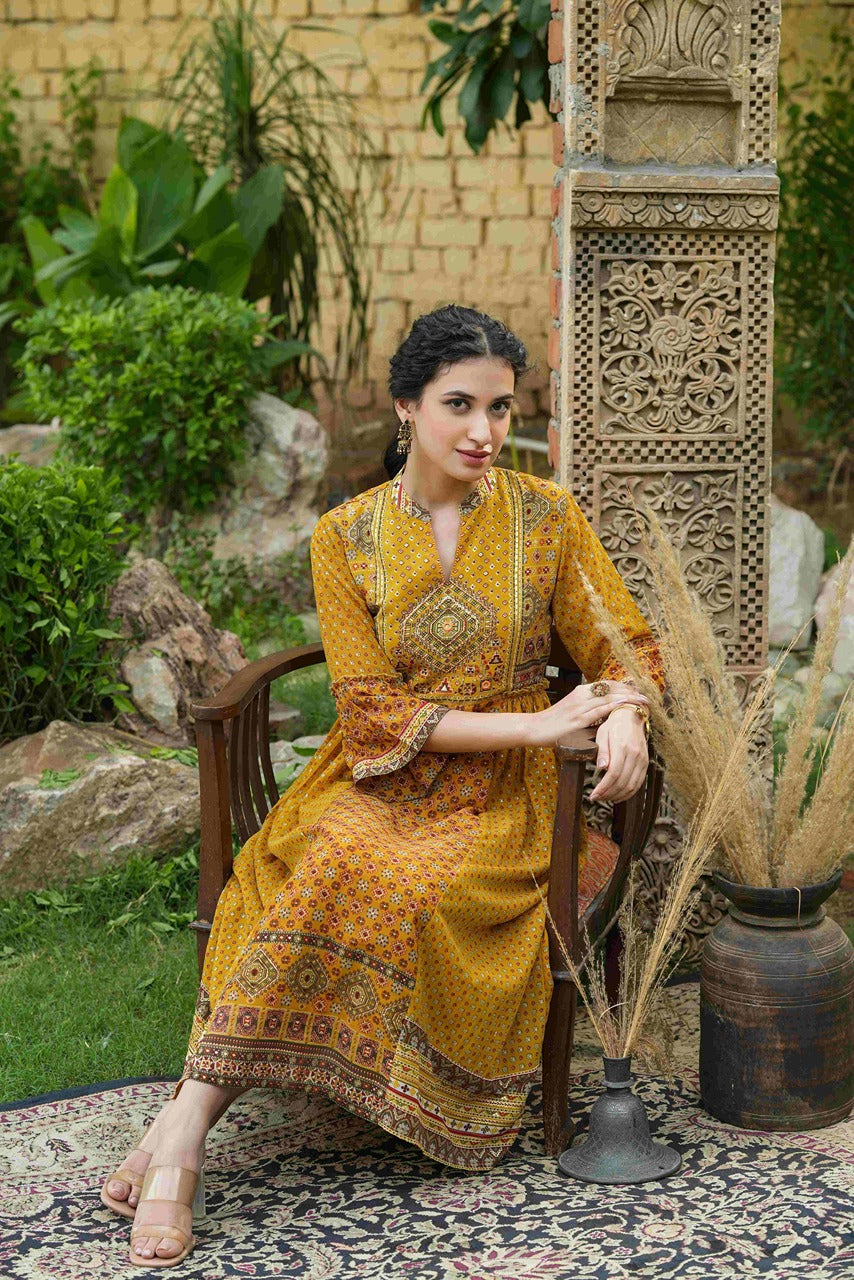 Juniper Mustard Georgette Festive Printed Flared Dress For Women