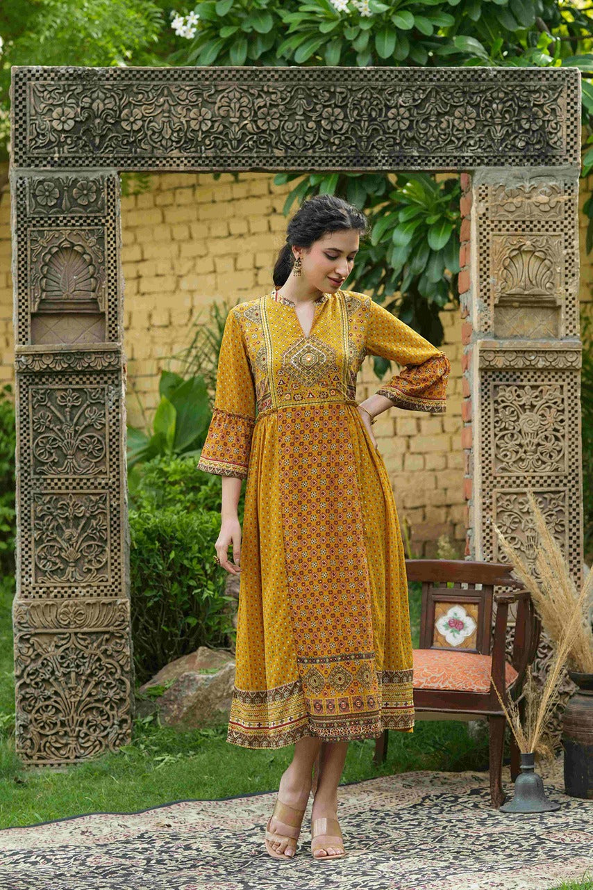 Juniper Mustard Georgette Festive Printed Flared Dress For Women