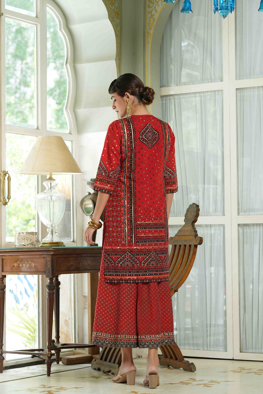 Juniper Red Chanderi Festive Printed Flared Kurta For Women