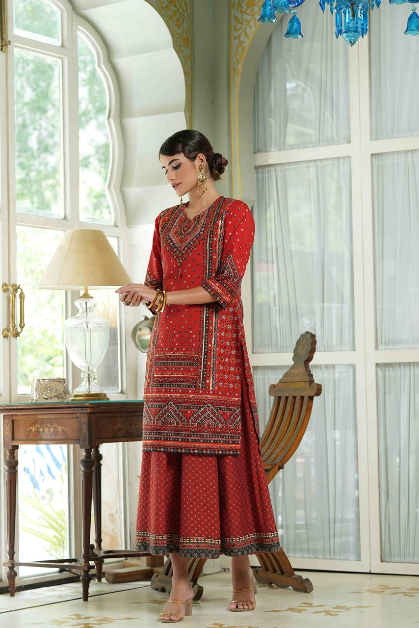 Juniper Red Chanderi Festive Printed Flared Kurta For Women