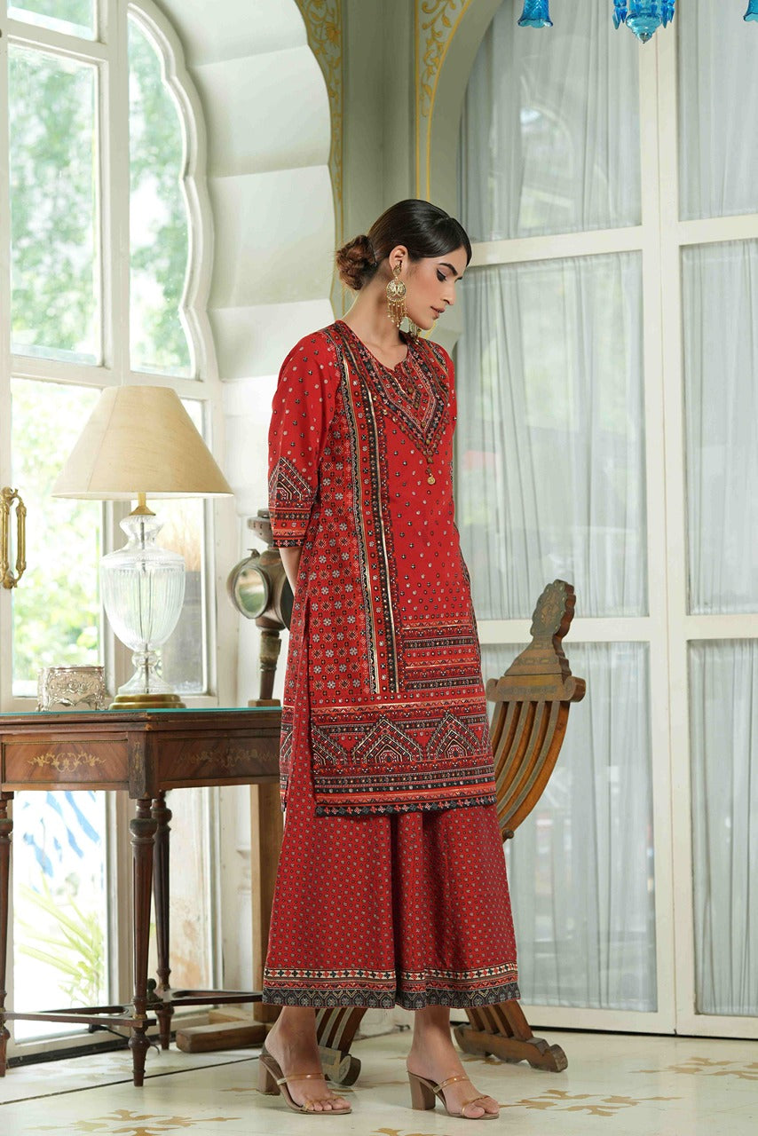 Juniper Red Chanderi Festive Printed Flared Kurta For Women