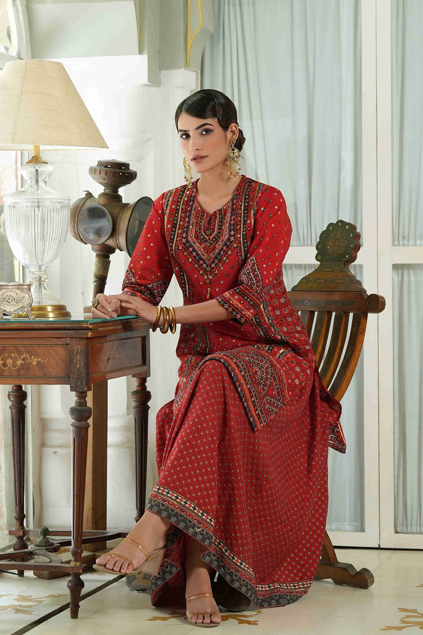 Juniper Red Chanderi Festive Printed Flared Kurta For Women