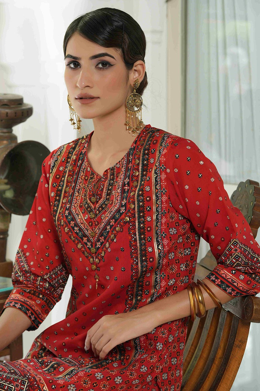 Juniper Red Chanderi Festive Printed Flared Kurta For Women