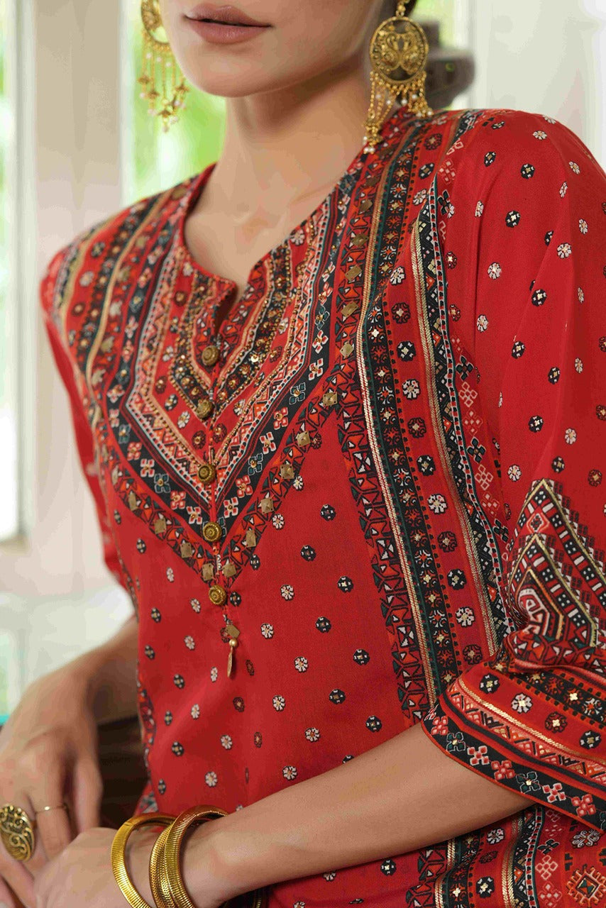 Juniper Red Chanderi Festive Printed Flared Kurta For Women