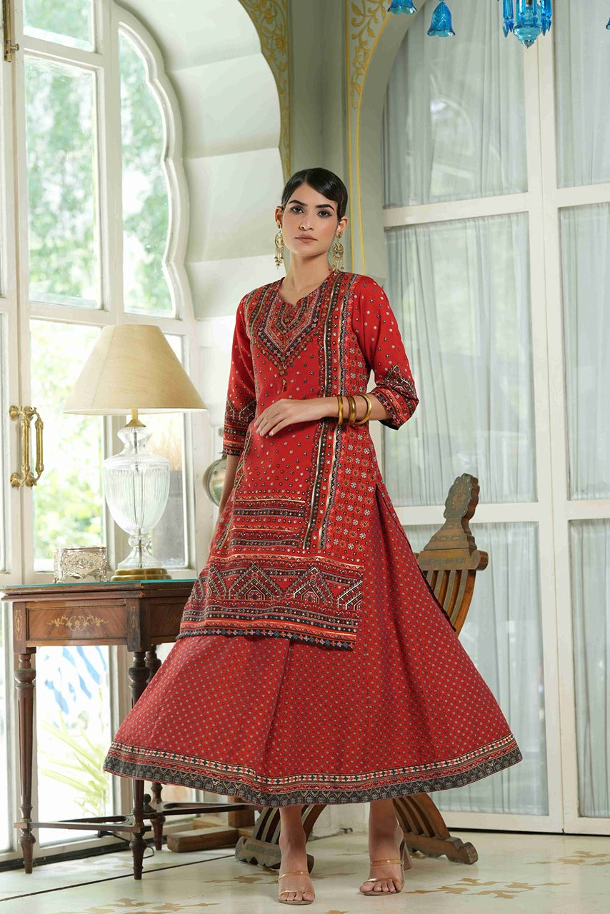 Juniper Red Chanderi Festive Printed Flared Kurta For Women