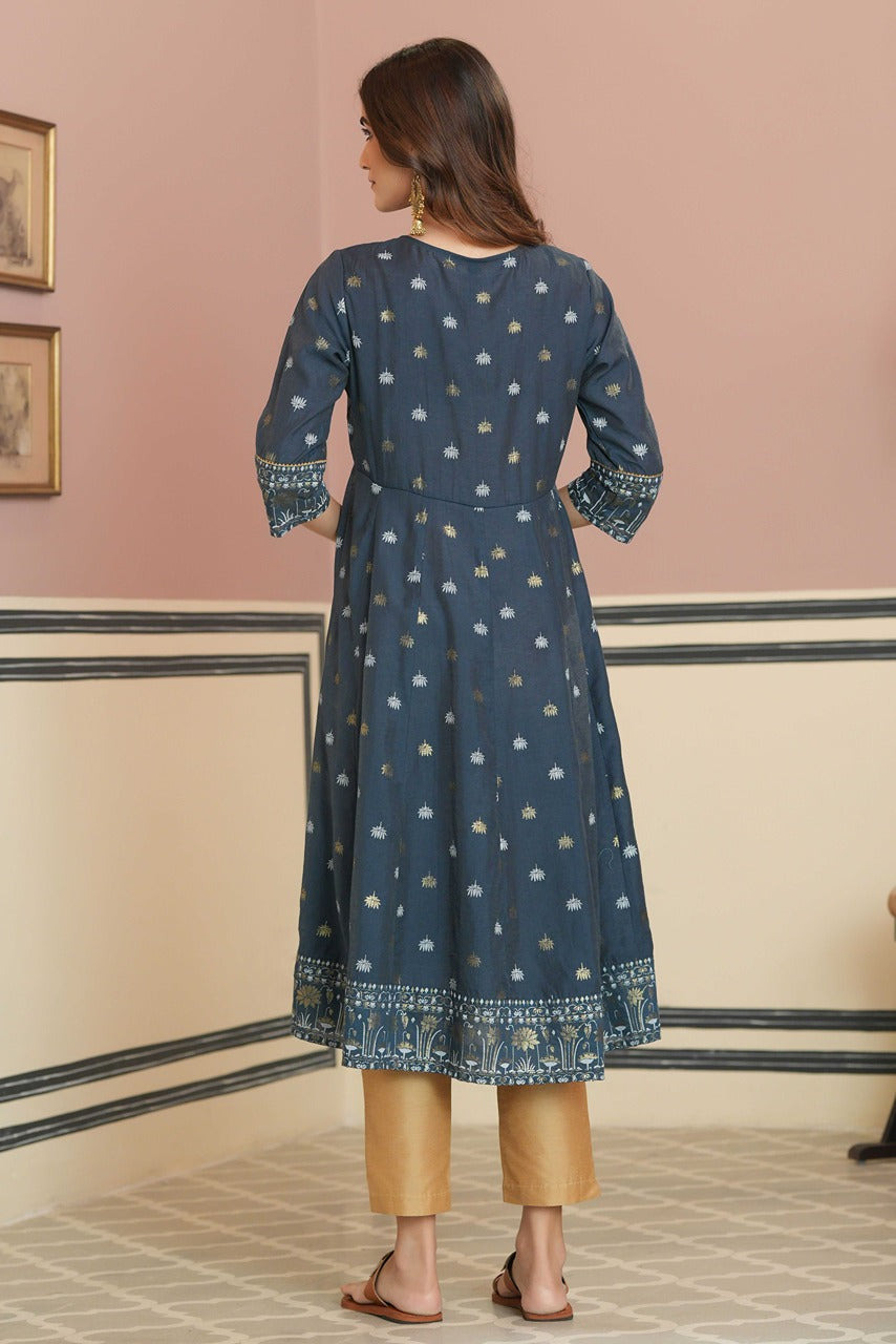 Juniper Teal Chanderi Festive Handwork Sequence Anarkali Kurta For Women
