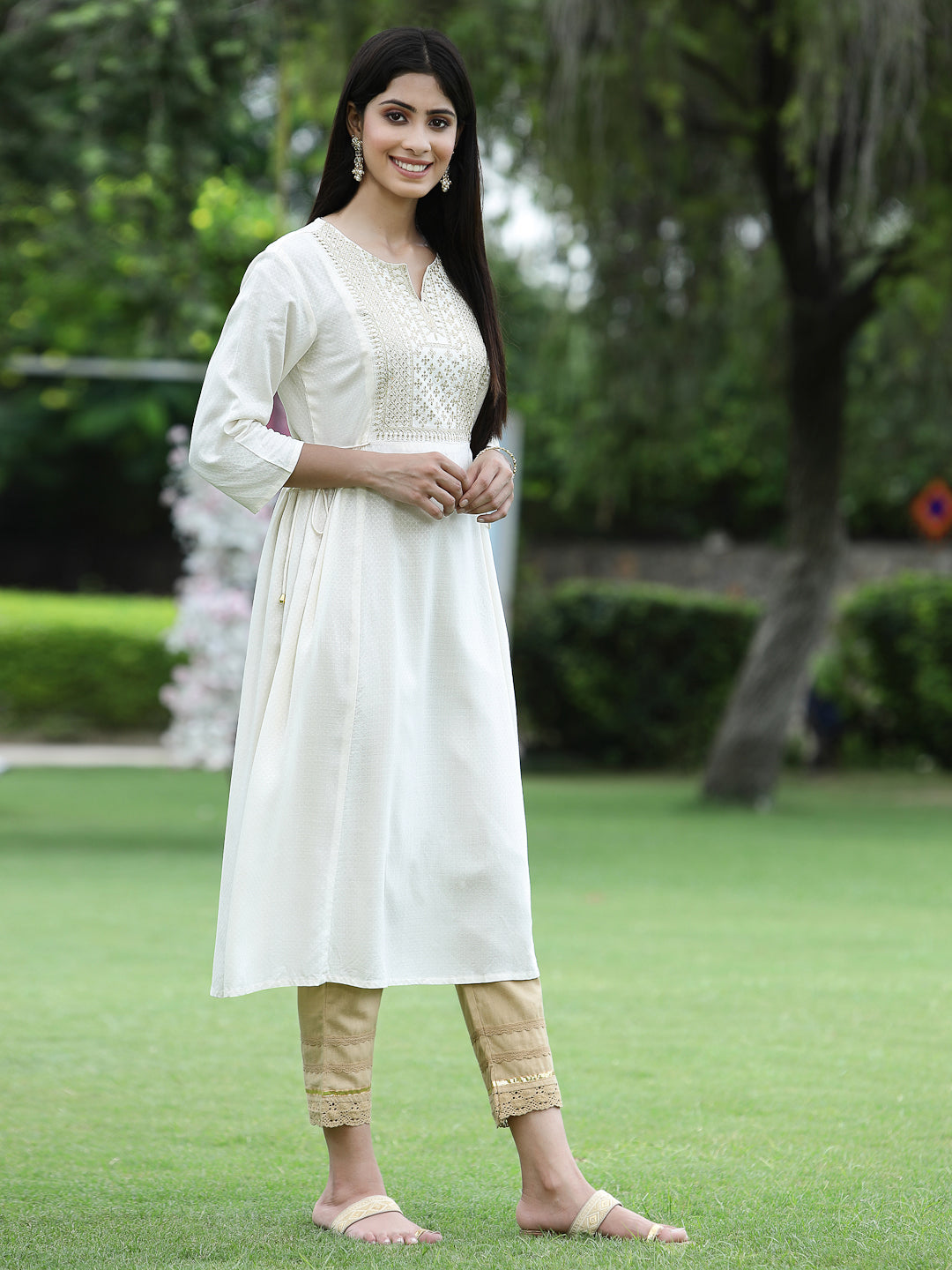 Juniper Ivory Rayon Festive Embroidered Flared Kurta For Women