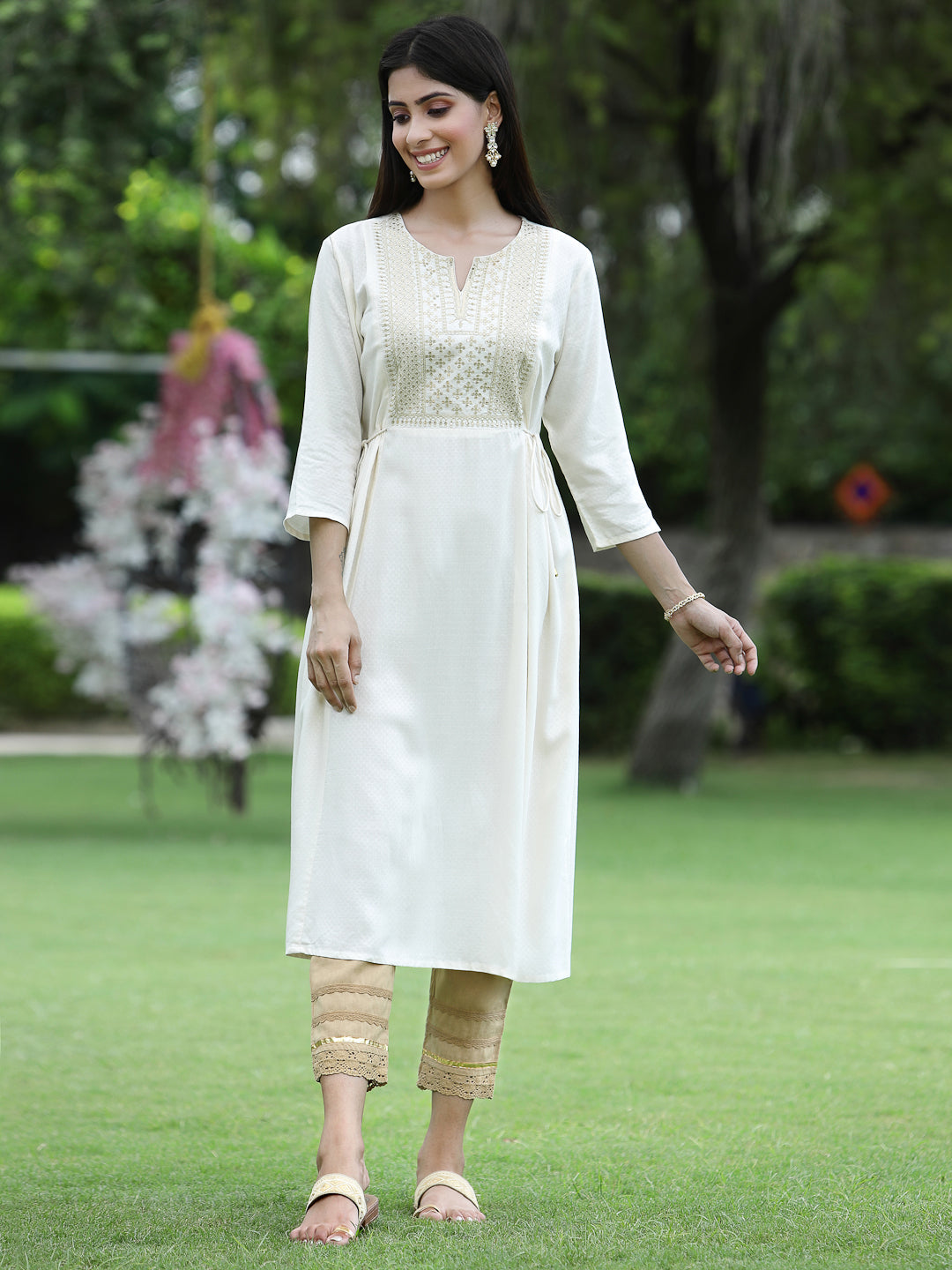 Juniper Ivory Rayon Festive Embroidered Flared Kurta For Women