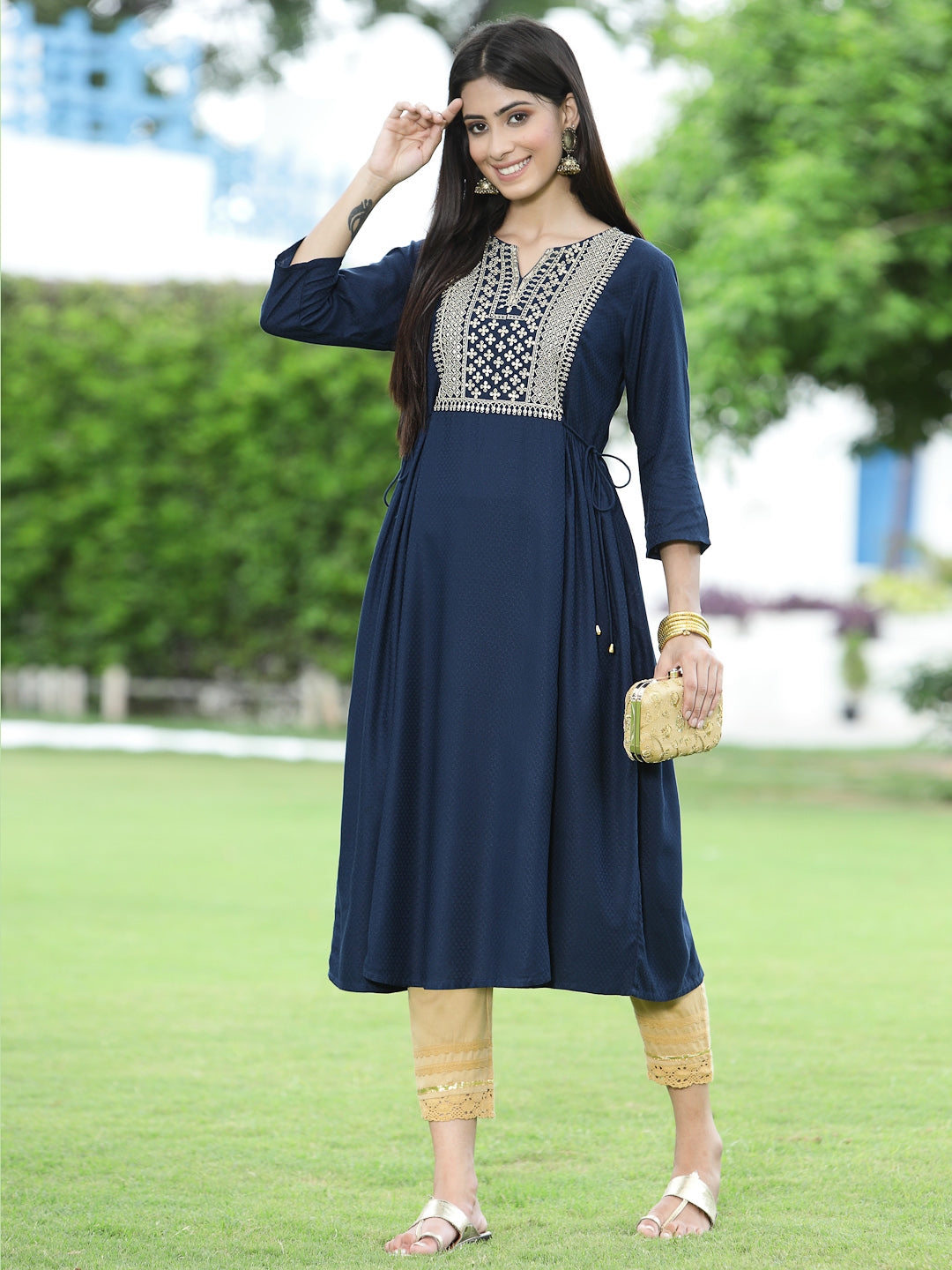 Juniper Navy LIVA Festive Embroidered Flared Kurta For Women