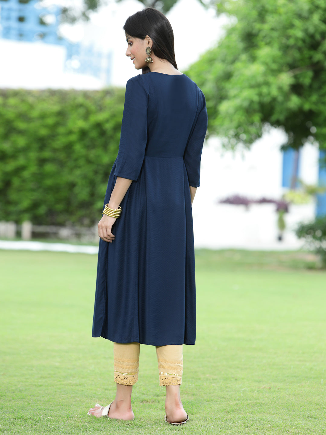 Juniper Navy LIVA Festive Embroidered Flared Kurta For Women