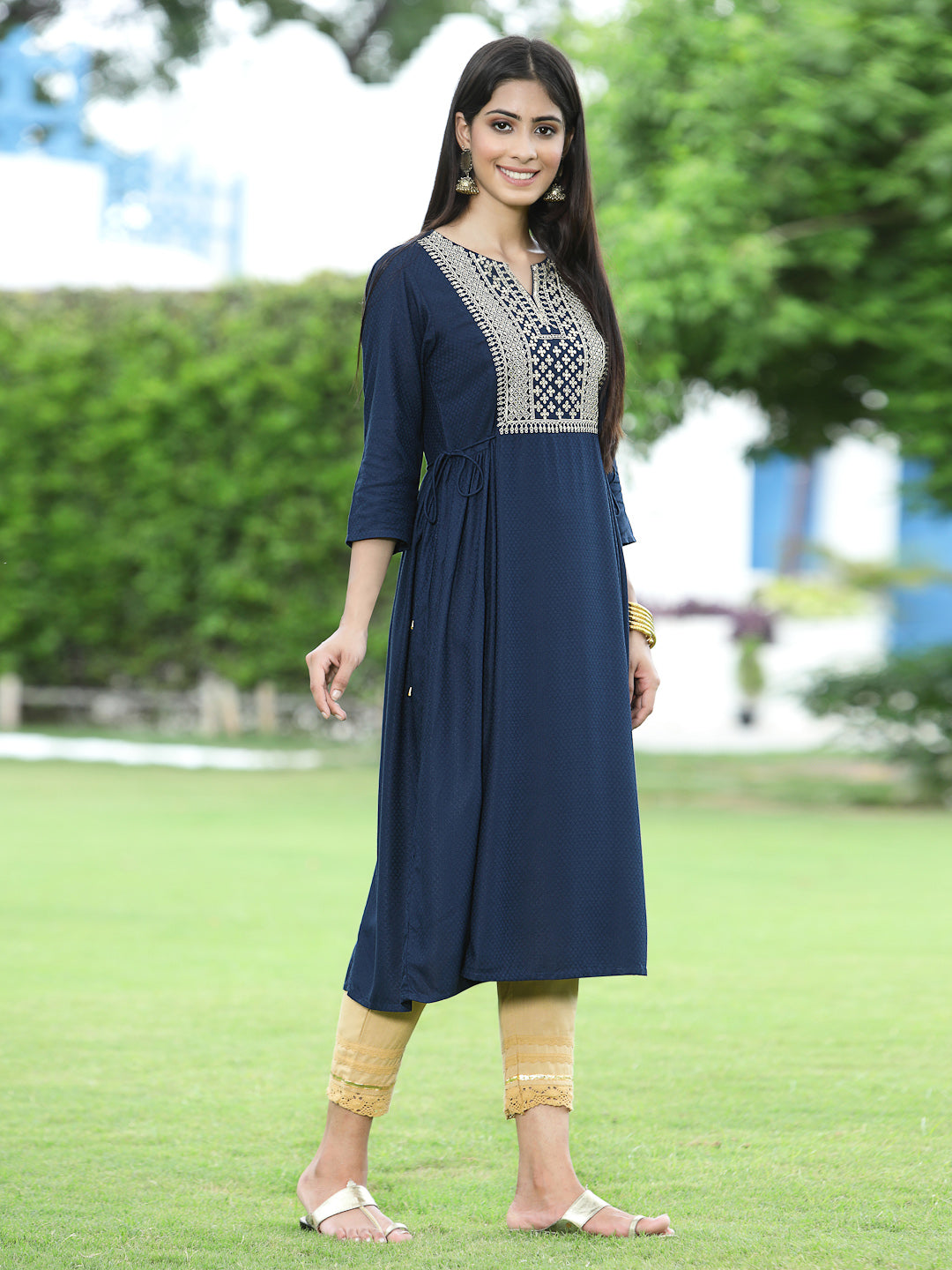 Juniper Navy LIVA Festive Embroidered Flared Kurta For Women