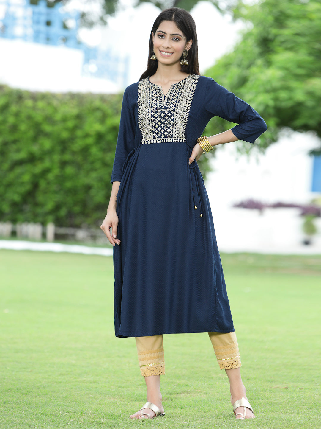 Juniper Navy LIVA Festive Embroidered Flared Kurta For Women