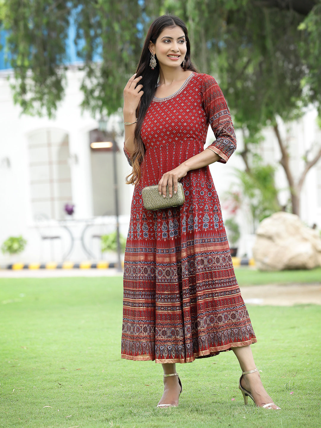 Juniper Rust Georgette Festive Printed Flared Anarkali Kurta For Women