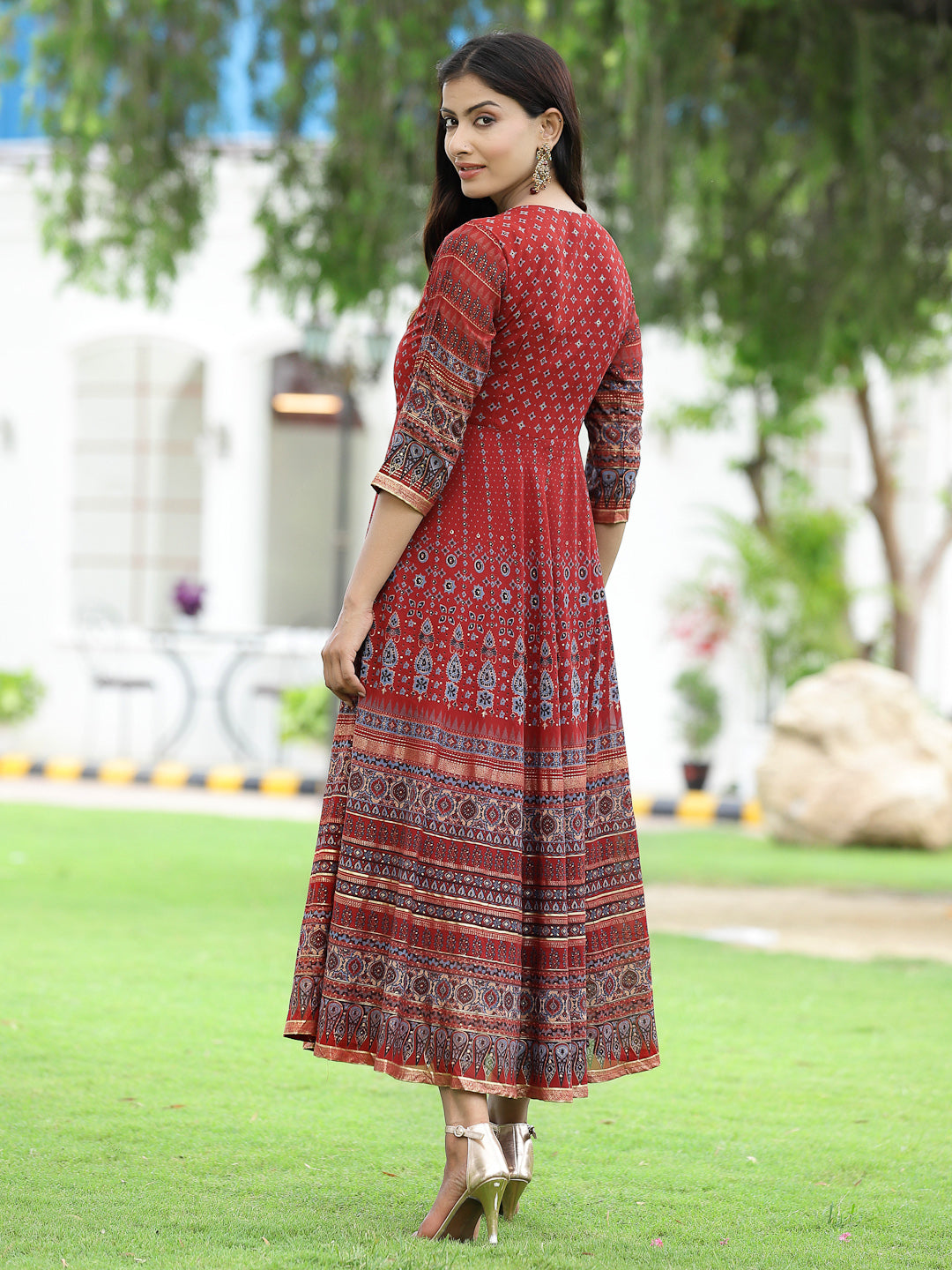 Juniper Rust Georgette Festive Printed Flared Anarkali Kurta For Women