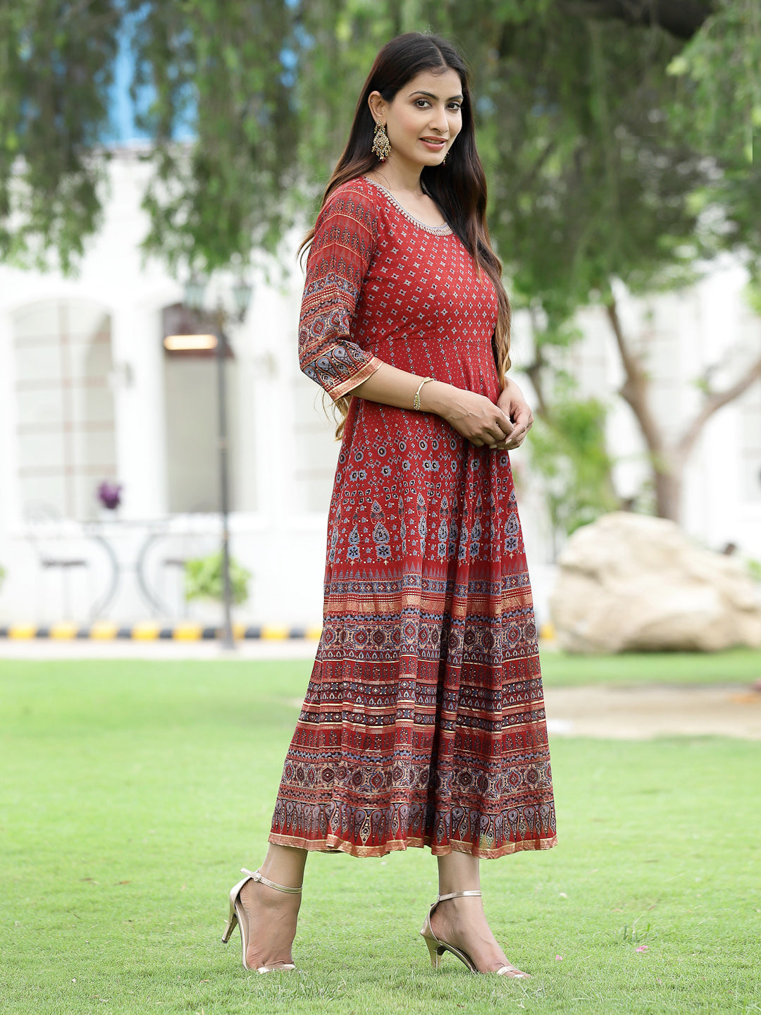 Juniper Rust Georgette Festive Printed Flared Anarkali Kurta For Women