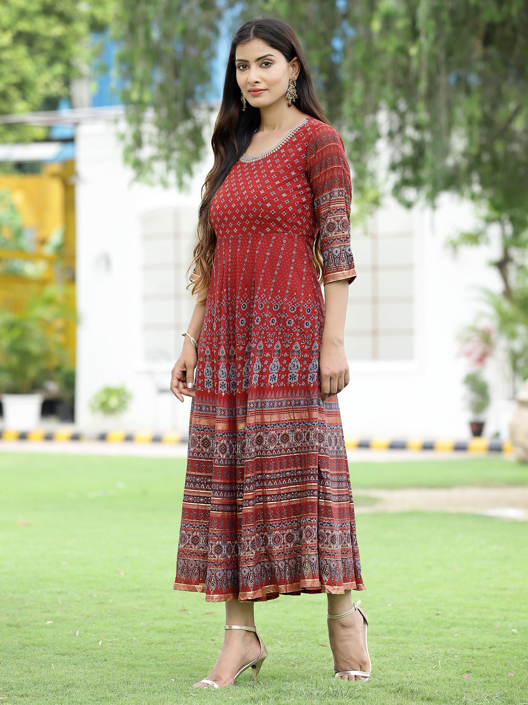 Juniper Rust Georgette Festive Printed Flared Anarkali Kurta For Women