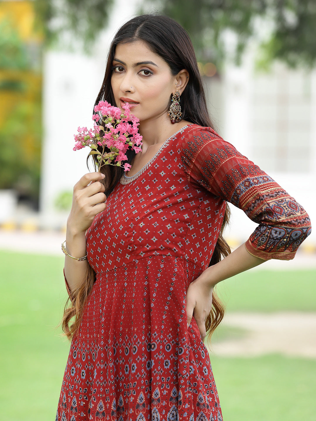 Juniper Rust Georgette Festive Printed Flared Anarkali Kurta For Women