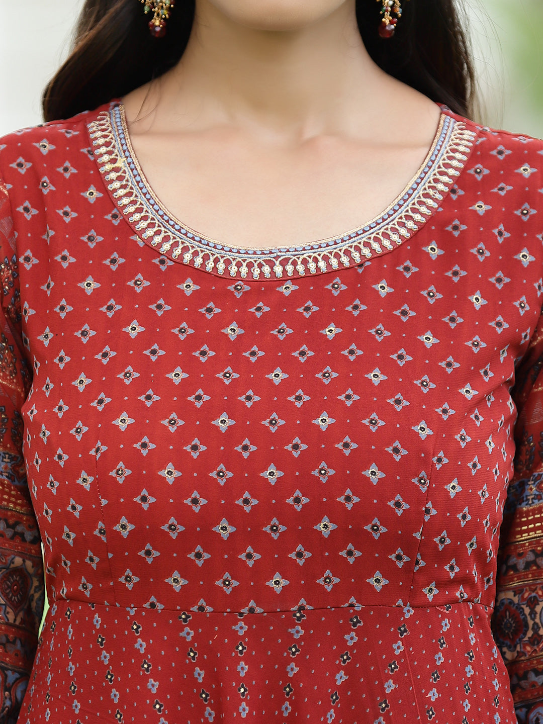 Juniper Rust Georgette Festive Printed Flared Anarkali Kurta For Women