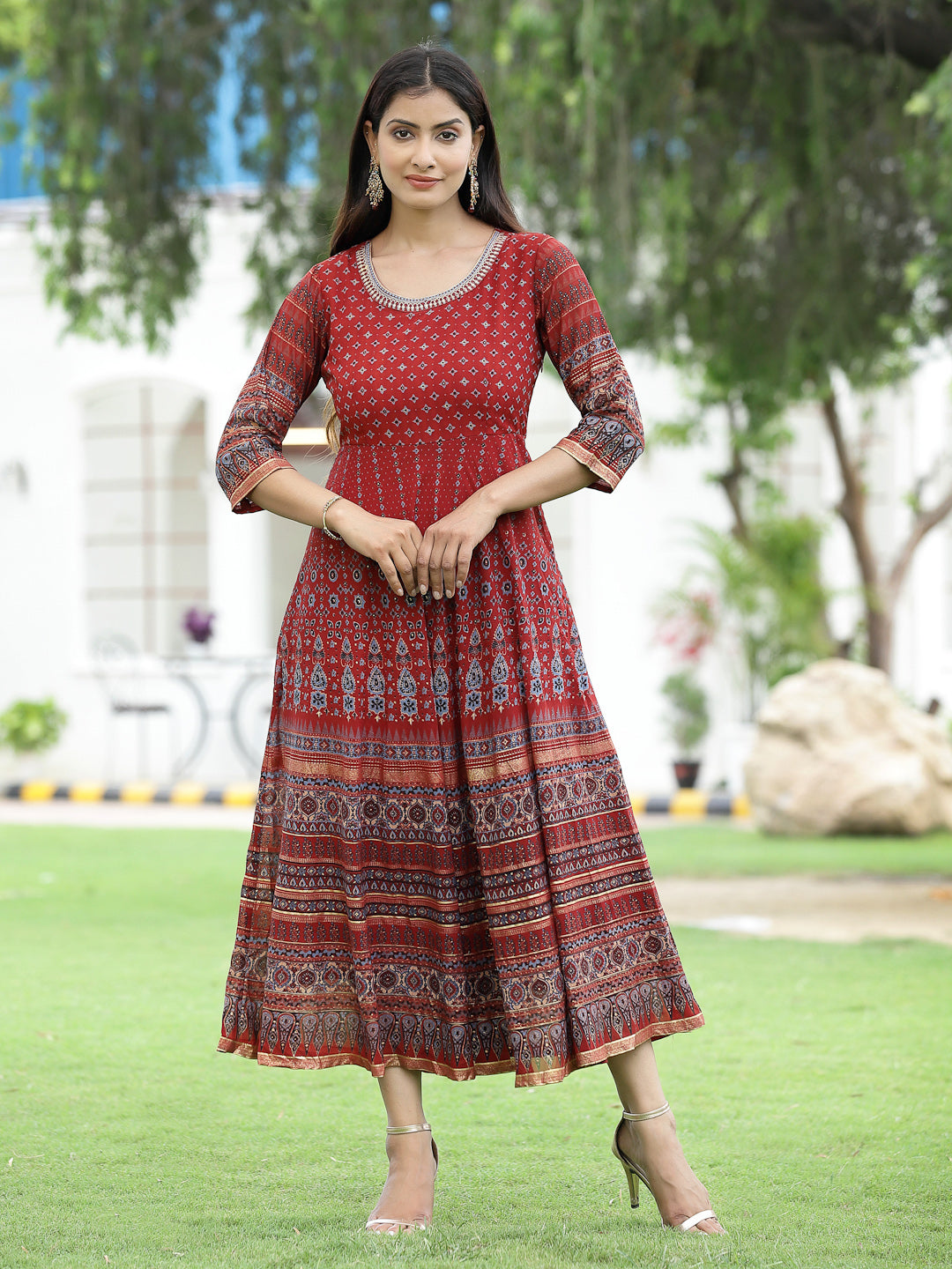 Juniper Rust Georgette Festive Printed Flared Anarkali Kurta For Women