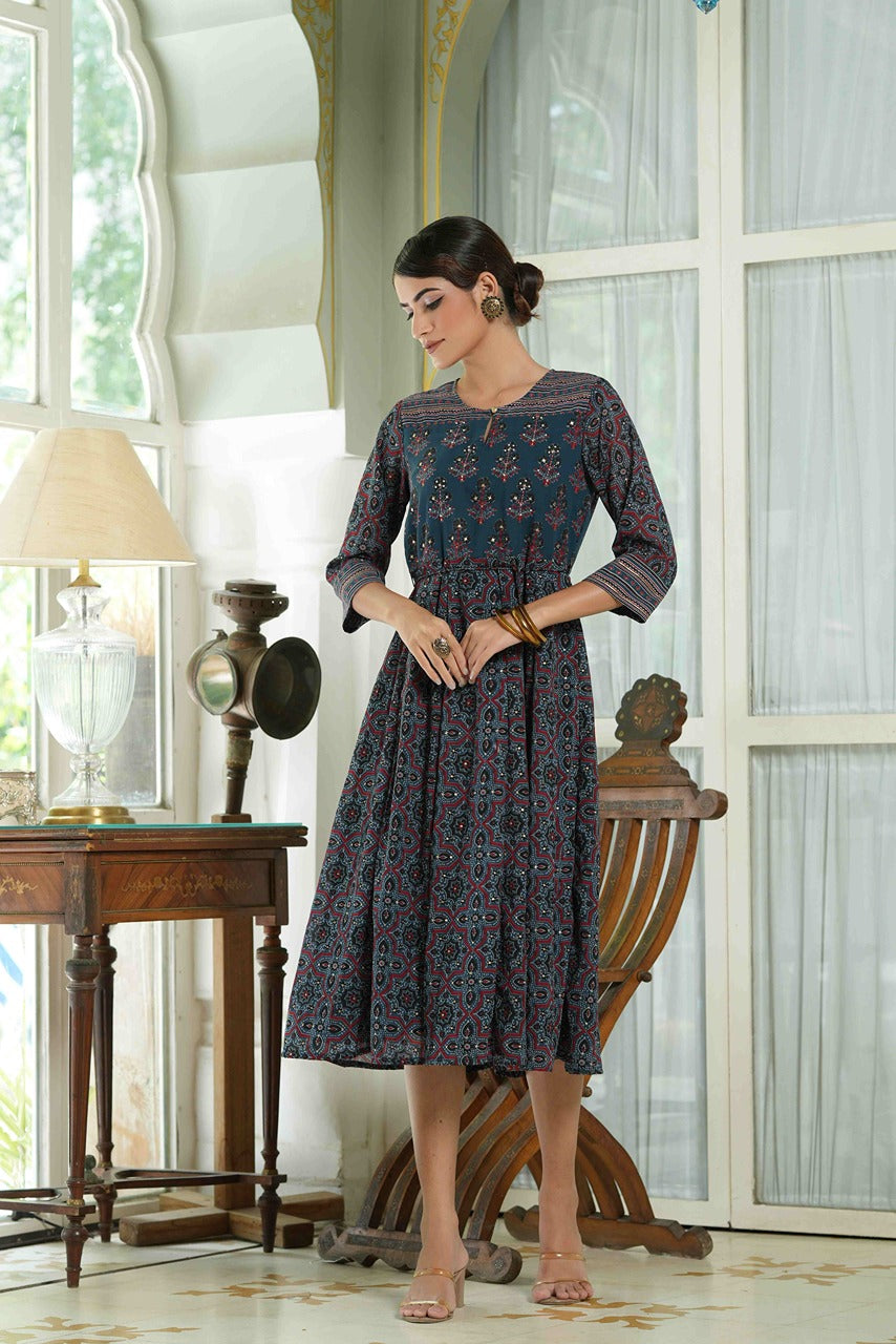 Juniper Indigo Georgette Festive Printed Anarkali Flared Anarkali Kurta For Women