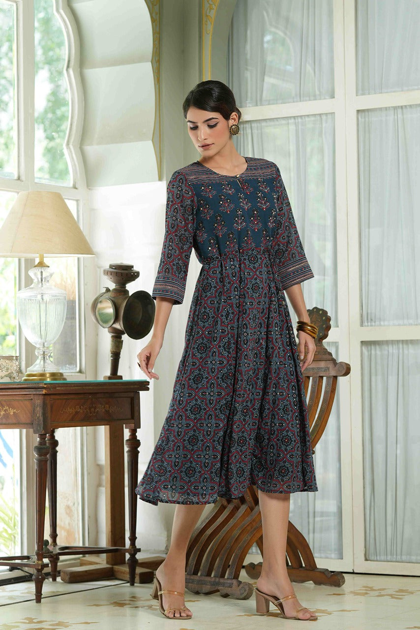 Juniper Indigo Georgette Festive Printed Anarkali Flared Anarkali Kurta For Women