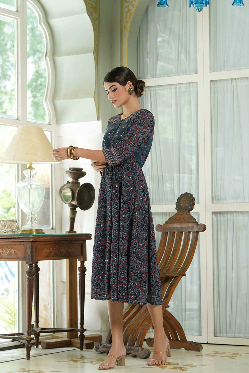 Juniper Indigo Georgette Festive Printed Anarkali Flared Anarkali Kurta For Women