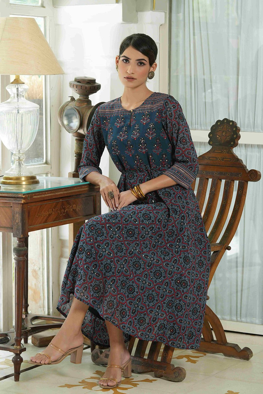 Juniper Indigo Georgette Festive Printed Anarkali Flared Anarkali Kurta For Women