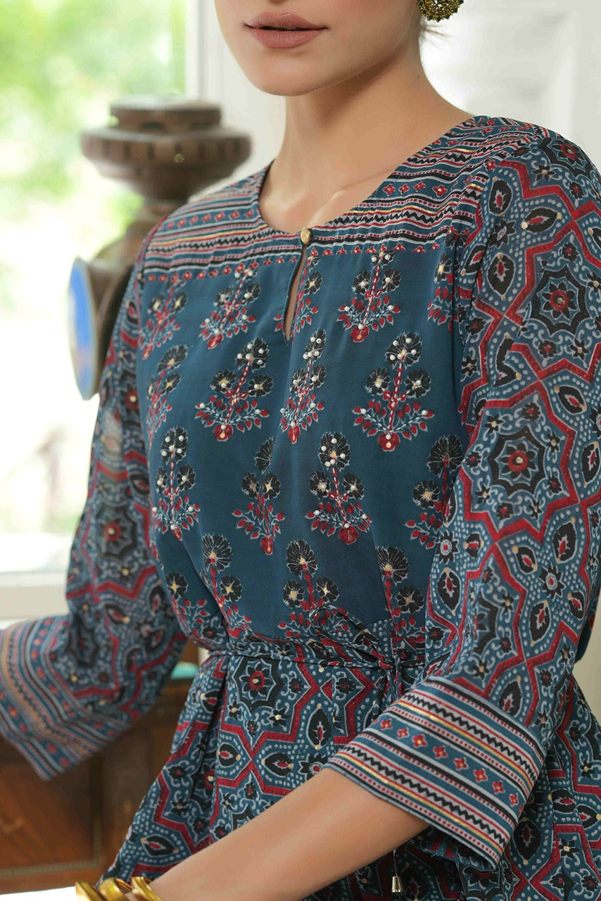 Juniper Indigo Georgette Festive Printed Anarkali Flared Anarkali Kurta For Women