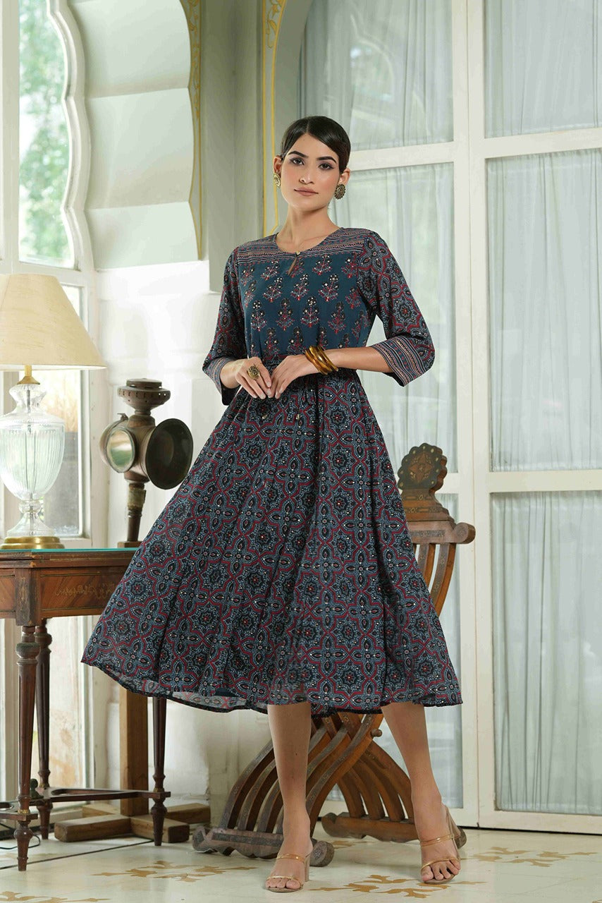 Juniper Indigo Georgette Festive Printed Anarkali Flared Anarkali Kurta For Women