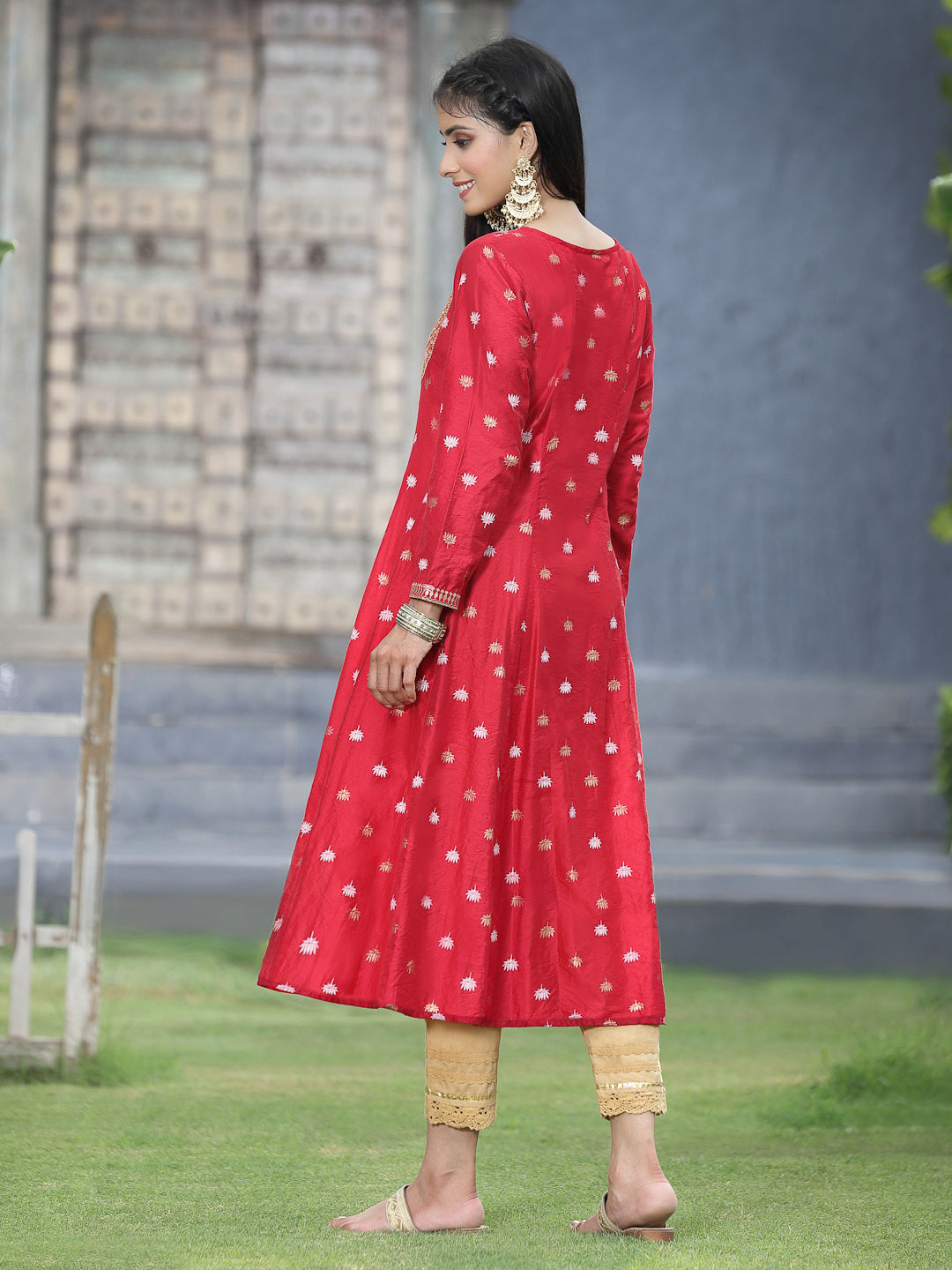 Juniper Red Rayon Festive Foil Printed Anarkali Flared Anarkali Kurta For Women