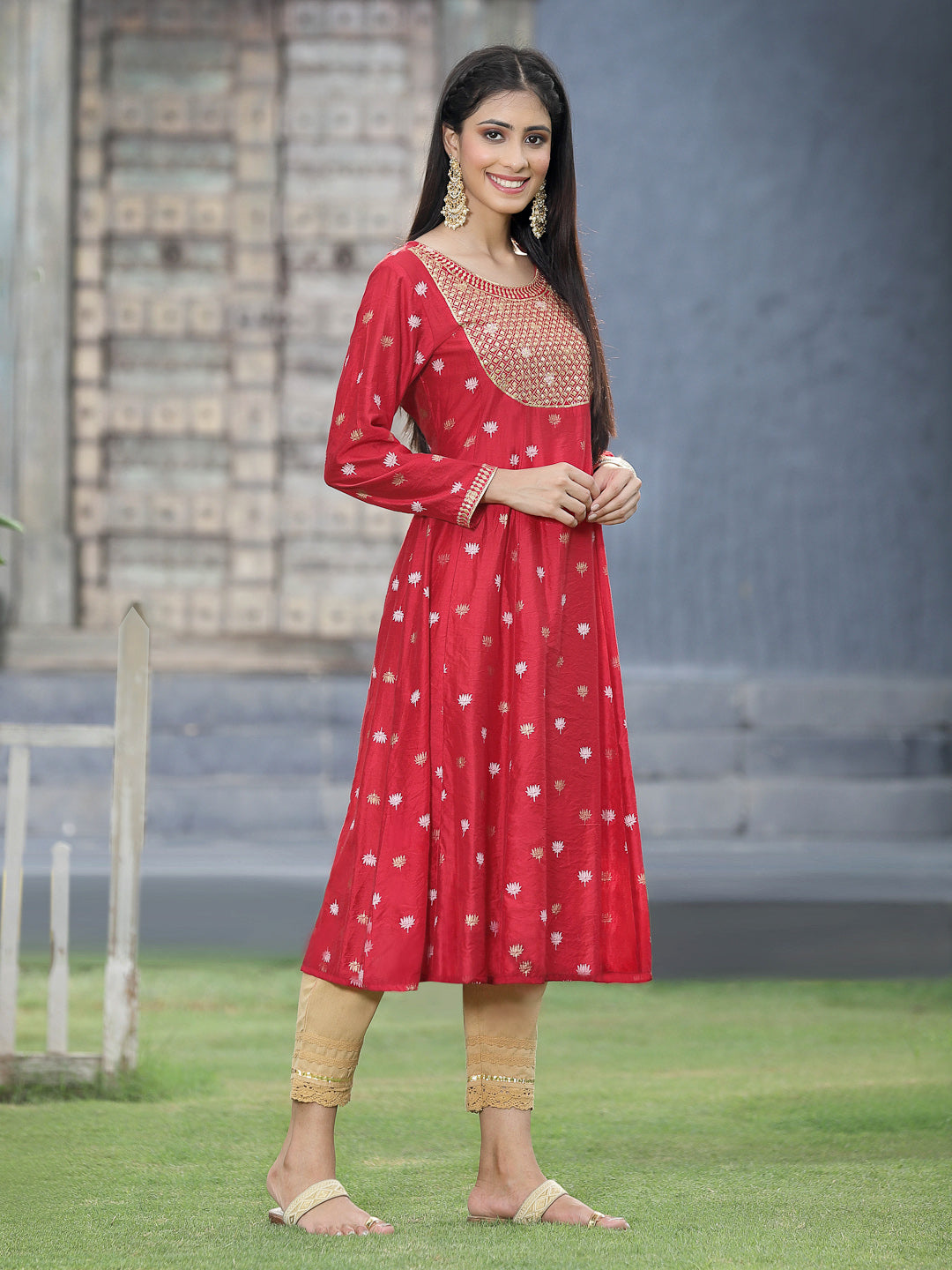 Juniper Red Rayon Festive Foil Printed Anarkali Flared Anarkali Kurta For Women