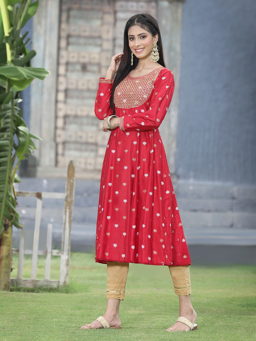 Juniper Red Rayon Festive Foil Printed Anarkali Flared Anarkali Kurta For Women