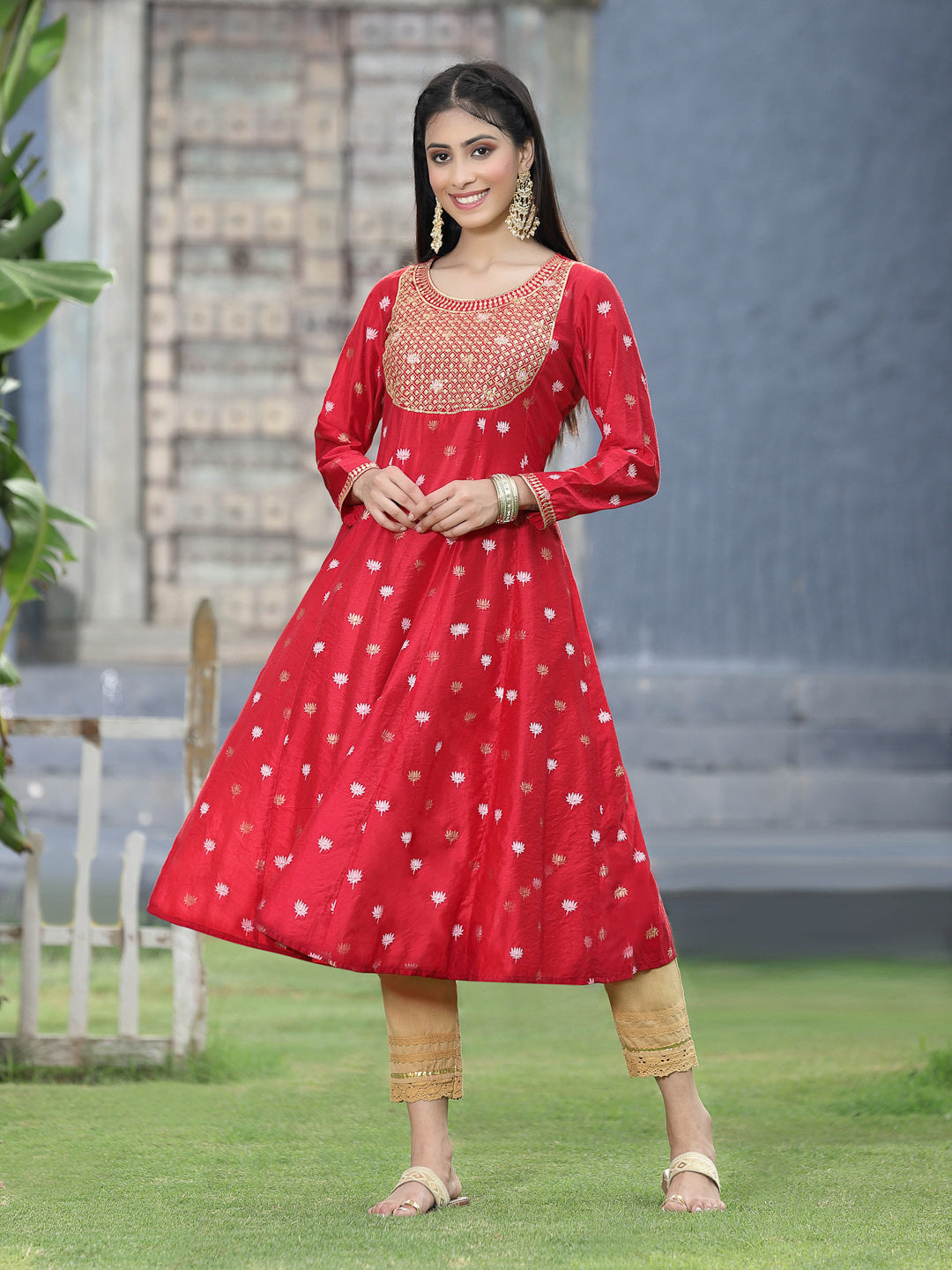 Juniper Red Rayon Festive Foil Printed Anarkali Flared Anarkali Kurta For Women